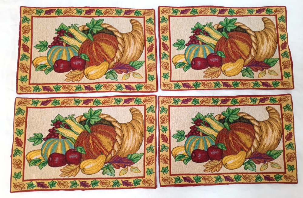 4 Cornucopia Fall Autumn Thanksgiving Tapestry Placemats 18x12 Set